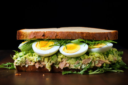 Savory Sandwich hard boiled egg tuna. Meal wooden. Generate Aiの素材