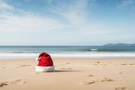Colorful Santa beach hat on sand. Paradise landscape. Generate Aiの素材