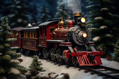 Festive Christmas red train. Art vintage card. Generate Aiの素材