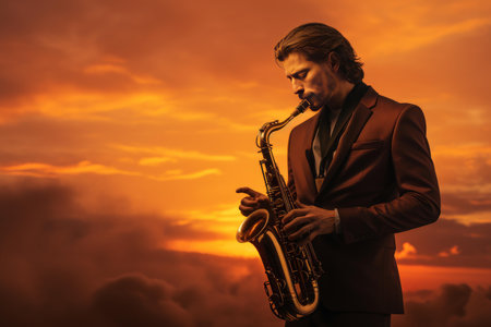 Melodic Saxophonist sunset play. Orchestra player. Generate Aiの素材