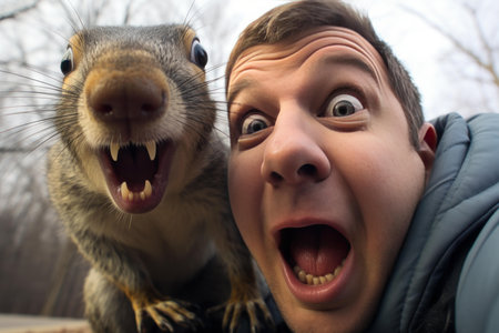 Humorous Scared man selfie with park squirrel. Wow photo. Fictional person. Generate Aiの素材