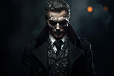 Intimidating Scary handsome man wearing hoodie. Mysterious young guy posing dark building. Generate aiの素材