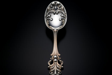 Elegant Silver antique spoon tool. Shiny ancient eating teaspoon with decoration elements. Generate aiの素材