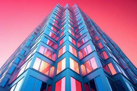 Vibrant Pink blue skyscraper. Pastel office. Generate Aiの素材
