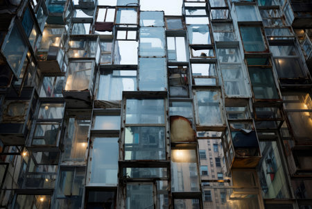 Towering Skyscraper wall from outside window. Downtown building architecture exterior in nighttime. Generate aiの素材