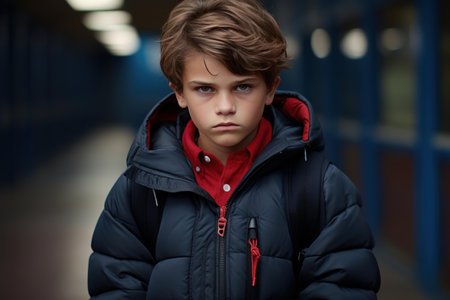 Gloomy Sad boy jacket. Unhappy and toddler child with thoughtful serious look. Generate AIの素材