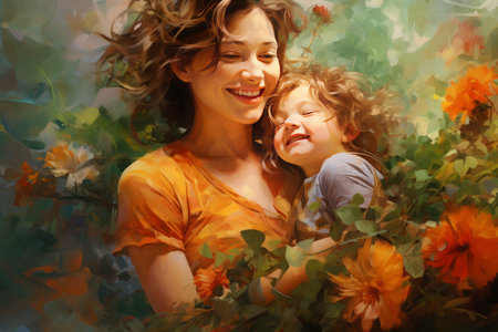 Affectionate Mother child swim hug. Happy play. Generate Aiの素材