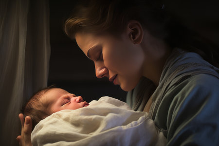 Joyful Mother newborn baby birth. Mum hug. Generate Aiの素材