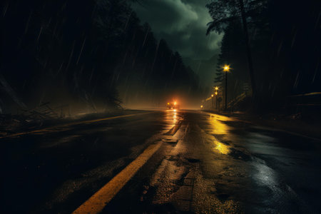 Dark Night roadwet. Scary travel scene. Generate Aiの素材