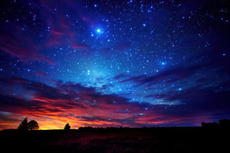 Majestic Night sky clouds colorful. Starry sunset. Generate Aiの素材