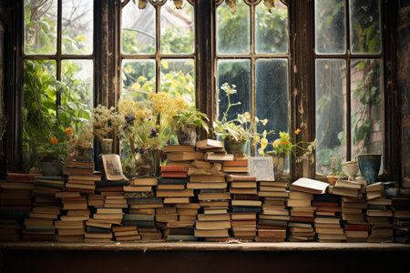Ancient Old books stack on window. Ancient poetry. Generate Aiの素材