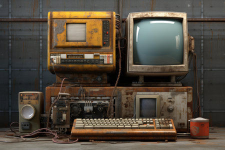 Dusty Old rusty computers. Vintage server. Generate Aiの素材