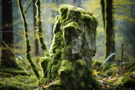 Mossy Overgrown lichen stone plant. Surface natural. Generate Aiの素材