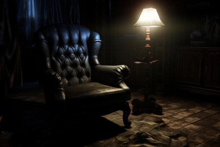 Solitary Chair in dark room near window with overlooking garden. Vintage armchair with colorful plaid with nature oversight. Generate aiの素材