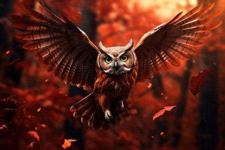 Mysterious Owl leaves forest. Bird predator. Generate Aiの素材
