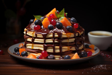 Sweet Pancakes fruits chocolate honey. Fruit stack. Generate Aiの素材