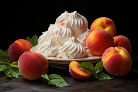 Sweet Peach meringue fruits. Cream summer dessert sugar sweet. Generate Aiの素材