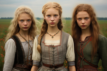 Traditional Peasant rustic girls slavic. Rural costume female. Generate Aiの素材