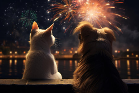 Colorful Dog cat fireworks. Canine pet. Generate Aiの素材
