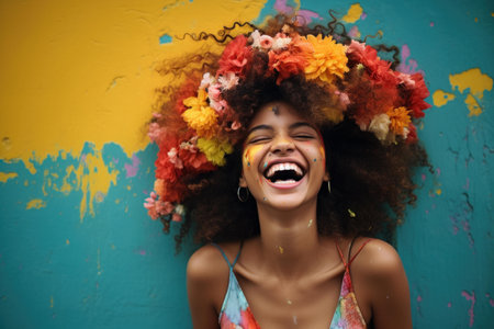 Playful Happy Brazilian girl in kindergarten. Playful little kid in positive mood. Generate aiの素材