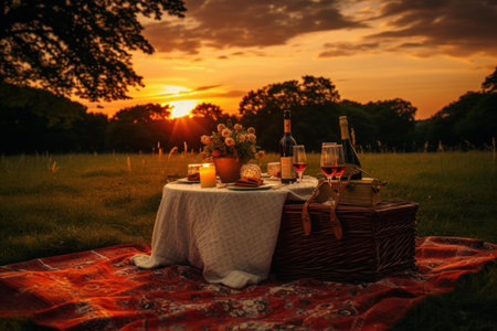Picturesque Picnic sunset outdoor. Outdoor water sun. Generate Aiの素材