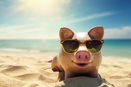 Treasure-filled Piggy bank on beach. Tropical save holiday. Generate Aiの素材