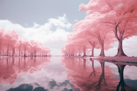 Enchanting Pink magical forest lake. World mystery. Generate Aiの素材