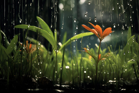 Nourishing Plant growing rain. Nature seed drop. Generate Aiの素材