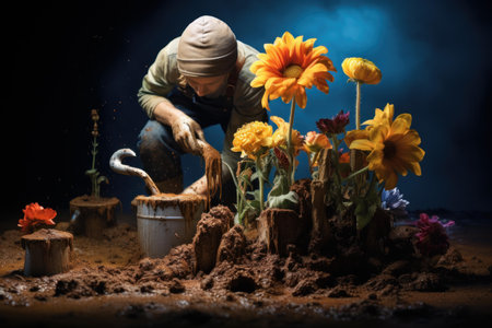 Invigorating Planting flowers. Frame care nature. Generate Aiの素材