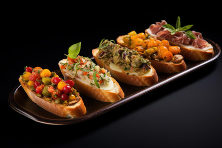 Garlicky Plate bruschetta. Rustic dinner snack. Generate Aiの素材