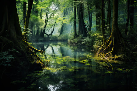 Lush Pond calm forest water. Plant spring. Generate Aiの素材