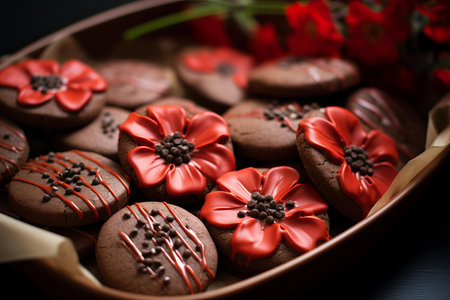 Delectable Poppy cookies chocolate. Festive plate sweet glazed seed baked goods. Generate AIの素材