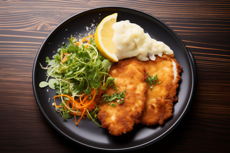 Crispy Pork schnitzel mushroom plate. Cuisine sauce food. Generate Aiの素材