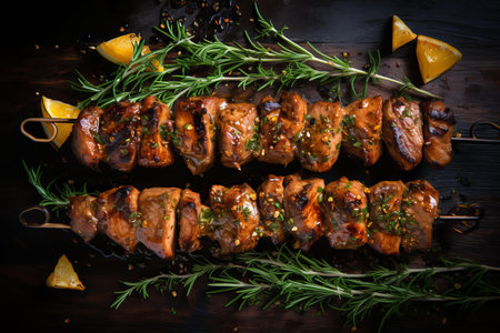 Fresh Pork skewers raw top view. Food plate. Generate Aiの素材
