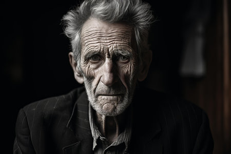 Venerable Lonely elderly man at home. Face aged adult sad person. Generate Aiの素材
