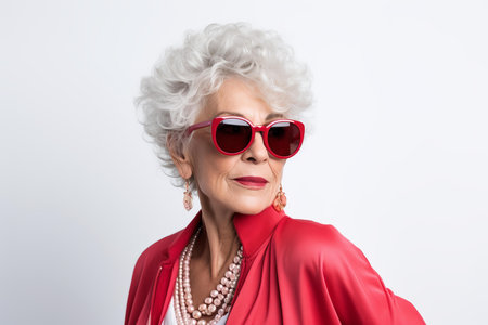 Distinguished Portrait of stylish trendy senior woman isolated on grey background. Elegant old woman with sunglasses. Generate aiの素材