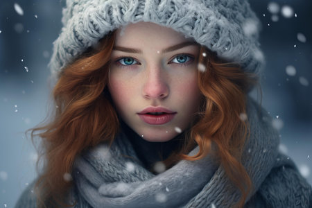 Serene Woman portrait in winter cloth portrait view. Lady fun coat casual beauty. Generate Aiの素材
