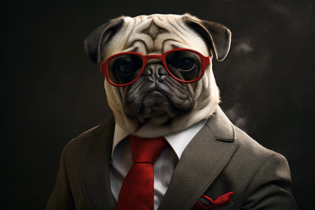 Feisty Pug boss. Busy office suit. Generate Aiの素材