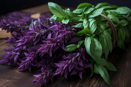 Lush Purple basil herbs plant. Health culinary raw macro plant. Generate Aiの素材