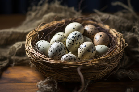 Delicate Quail eggs nest. Multicolored small and round objects with spots table. Generate AIの素材