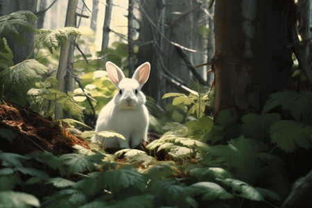 Mystical Rabbit white color in forest nature. Leaf park outdoor fur mammal. Generate Aiの素材