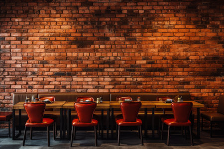 Luminous Red brick wall restaurant light. Wooden shop. Generate Aiの素材