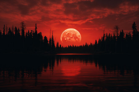 Serene Red lake fantasy landscape. Cosmos view. Generate Aiの素材