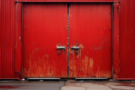 Sturdy Red metal doors space. Light tunnel. Generate Aiの素材