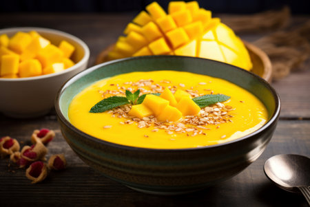 Mango smoothie bowl tropical. Passion banana. Generate Aiの素材