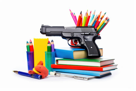 School stationery and gun isolated on white. Education school kid weapon. Generate Aiの素材