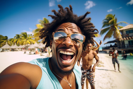Selfie of Bahamian male with dreadlocks. Black kid face portrait in tropical sunlight. Generate aiの素材