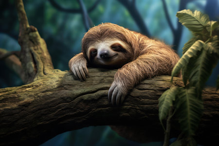 Sleeping sloth on branch. Wildlife animal forest tropical mammal. Generate Aiの素材