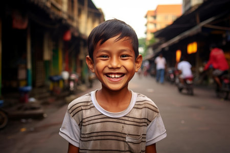 Smiling boy posing on street. Cheerful little boy in casual urban outfit. Generate aiの素材