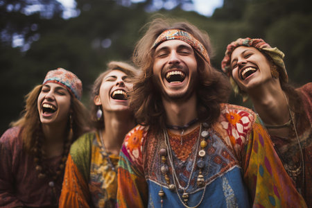Smiling group senior hippies. Summer nature activity people senior. Generate aiの素材